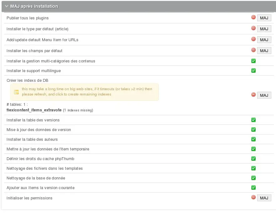 Liste des éléments à mettre à jour en post installation de Flexicontent